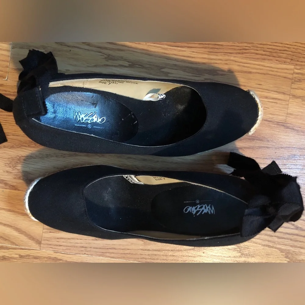 Mossimo Black Espadrille Shoes 4” inch Platform Straw Heel & Tie Accent Size 7